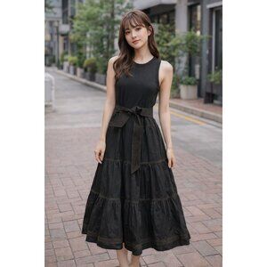 Veronica Beard Austyn Tie Waist Tiered Tank Midi Dress Black Size M NWT